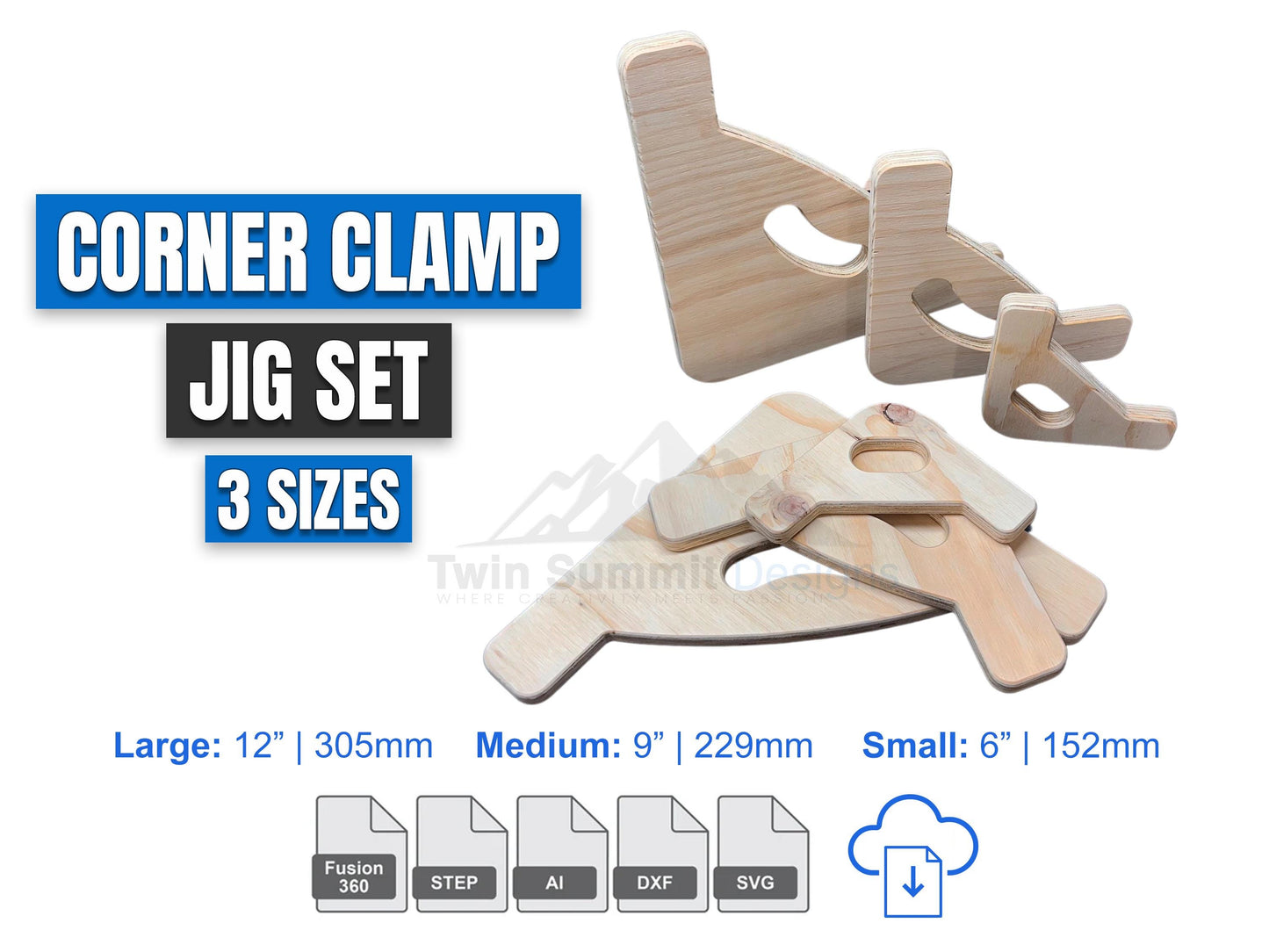 Corner Clamp Jig CNC Router and Laser Files, Cabinet Squares, Multiple Size Corner Clamp Jigs, Fusion 360 SVG DXF step and illustrator files